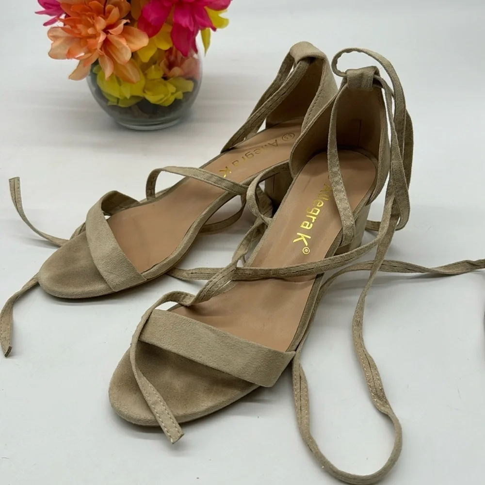 Allegra K Tan Lace Up Block Heel Sandals Size 8.5 ALE6759